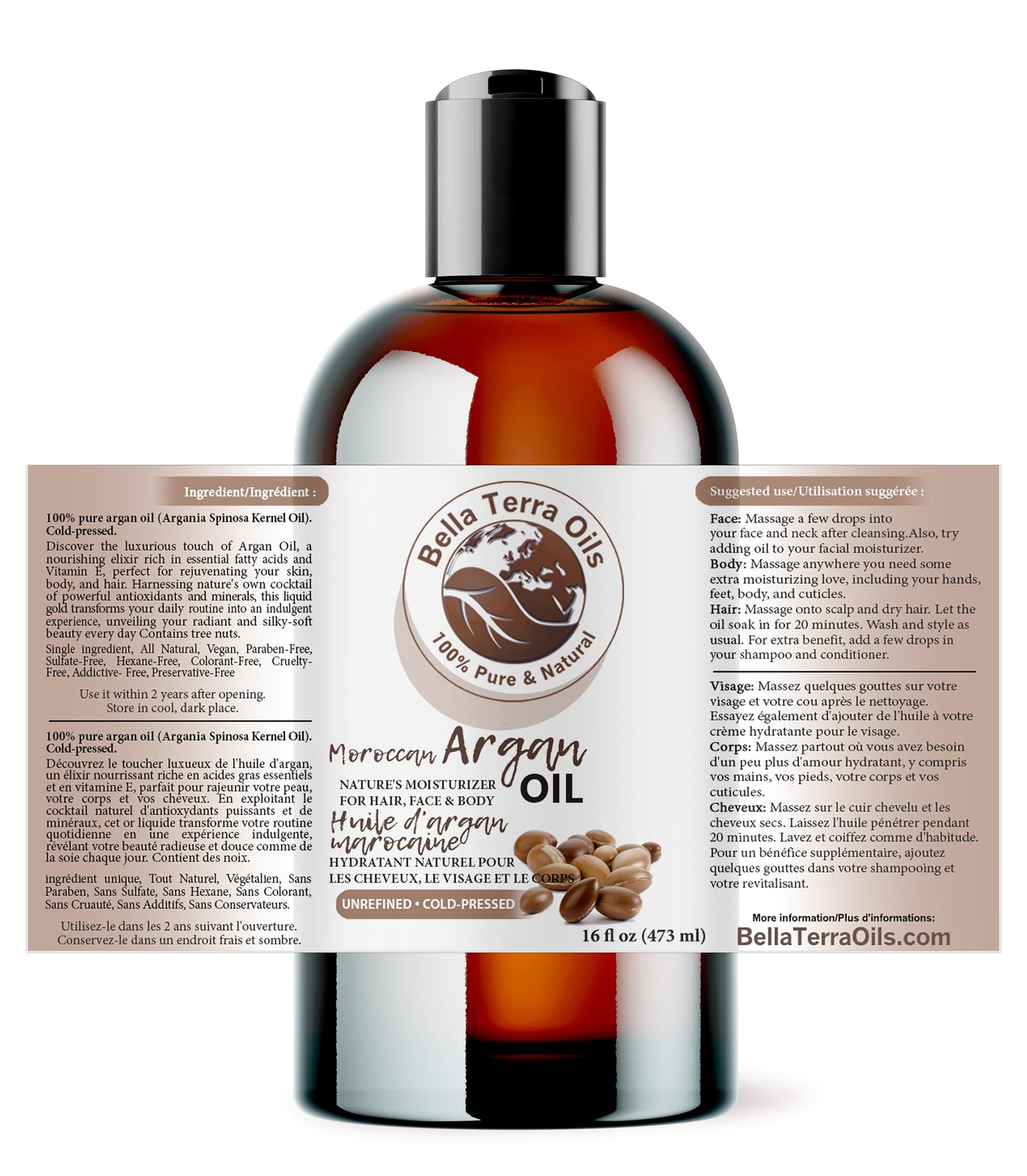 Bella Terra Oils - Argan Oil 16oz - Unrefined & Pure, Unlock the Magic of Moroccan Argan, Immerse in Natural Hair & Skin Nourishment