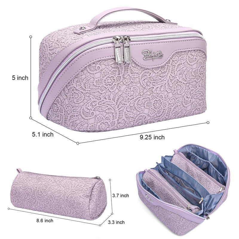 BOYATU Travel Makeup Bags Cosmetic Organizer Bag: 3-Set Large Capacity Make up Bag - PU Leather Toiletry Bags for Women - Wide Open Portable Pouch with Divider & Handle (02-Z-Violet)