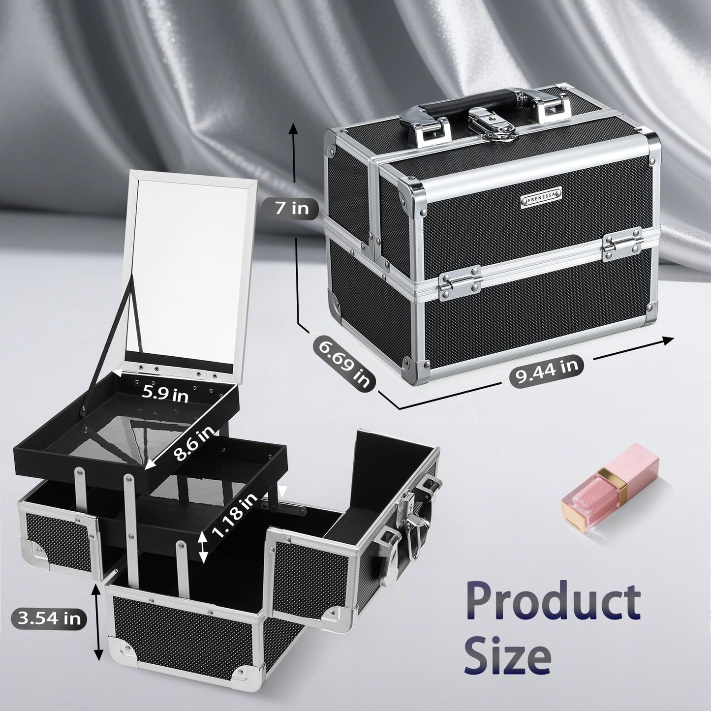 FRENESSA Makeup Case Organizer Cosmetic Box Storage Portable Makeup Train Case with Mirror 2 Trays Travel Vanity Box for Cosmetics Nail Kits Craft Tools Case Aluminum Hard Make Up Organizer Black