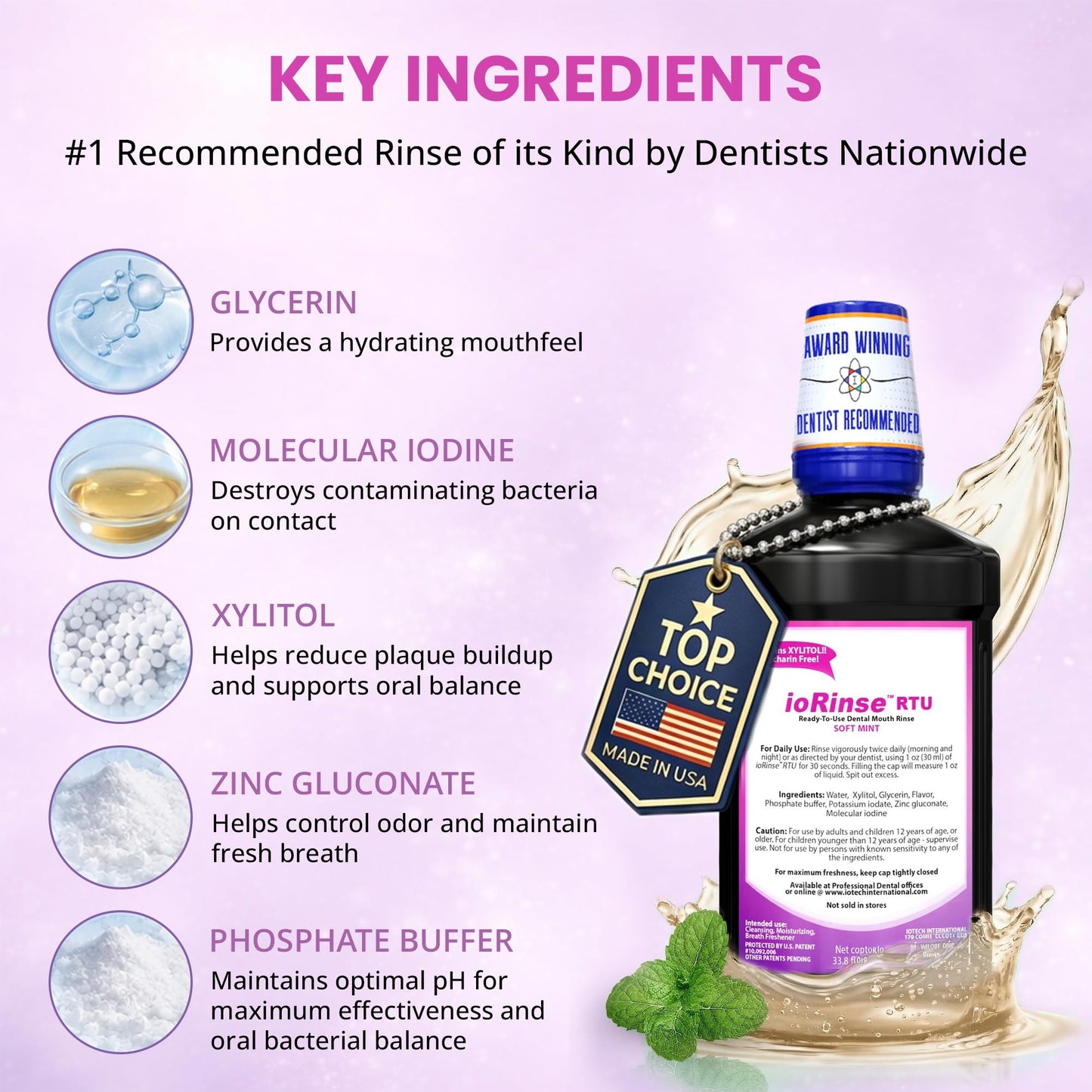 ioRinse RTU Halitosis Mouthwash for Fresh Breath, Dentists' Top Choice, Alcohol Free & Fluoride Free Molecular Iodine Oral Rinse, Soft Mint, Professional Clean Mouth Wash, RTU Mouthwash 33.8 oz