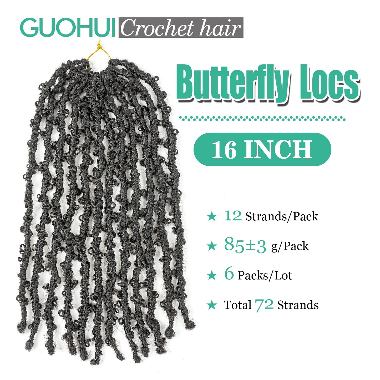 GUOHUI Butterfly Locs Crochet Hair 16 Inch 6 Packs Color Natural Black All Handmade Pre-Looped Distressed Faux Locs Braids for Women Kids (16",1B)