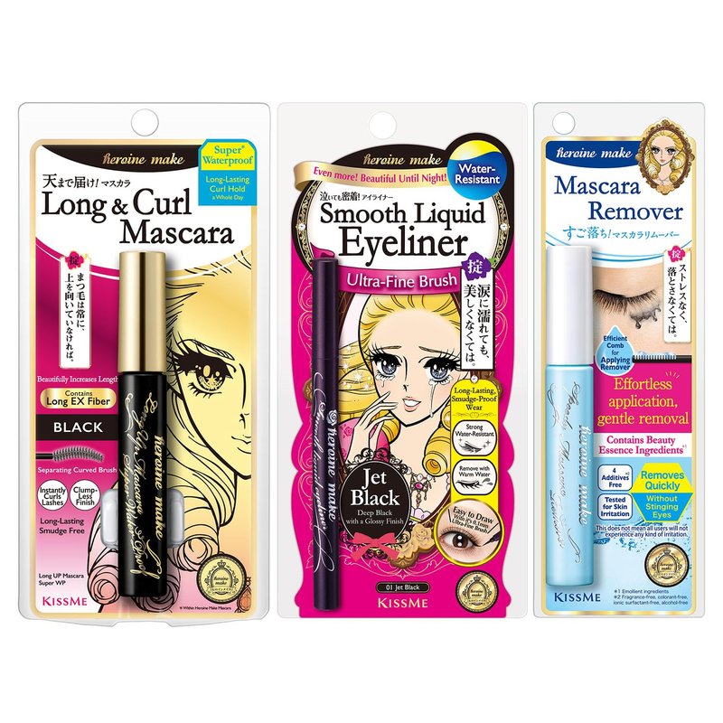 Heroine Make Long & Curl Mascara Set - Waterproof Volumizing Mascara, Smooth Liquid Eyeliner & Gentle Eye Makeup Remover | Made in Japan