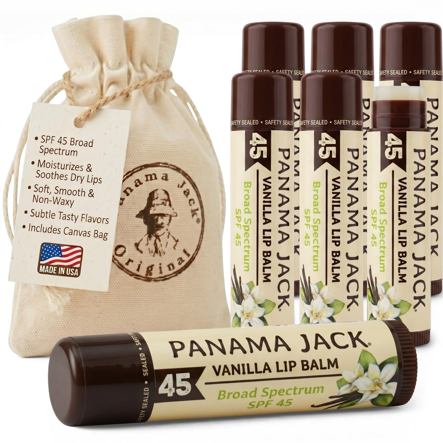 Panama Jack Sunscreen Lip Balm - SPF 45, Broad Spectrum UVA-UVB Sunscreen Protection, Prevents & Soothes Dry, Chapped Lips, Vanilla, 7-pack