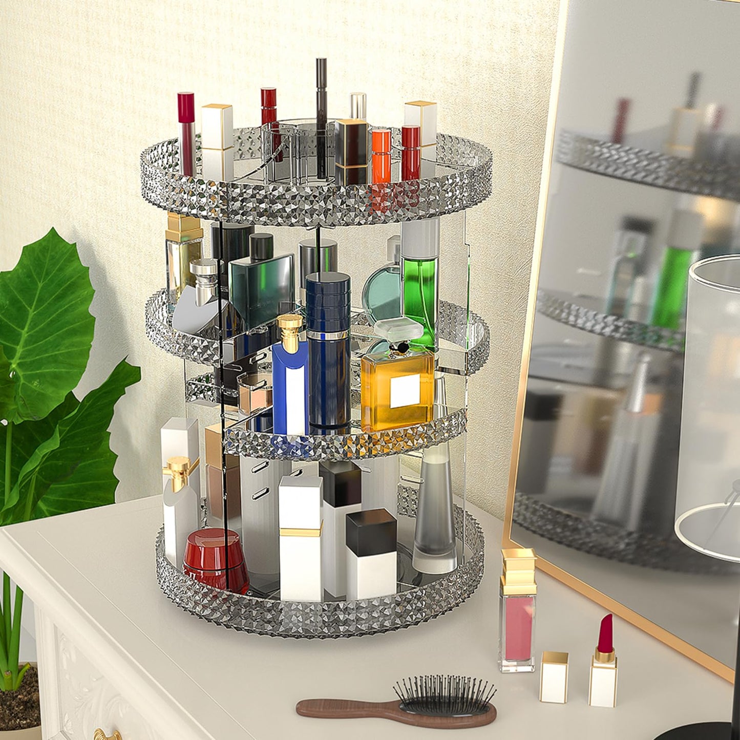HEMTROY 360 Degree Rotating Makeup Organizer, Extra Large Capacity Cosmetic Storage Unit, Removable DIY 7 Layers Skincare Organizer, Acrylic Beauty Perfume Organizer for Vanity Countertop (Gray)
