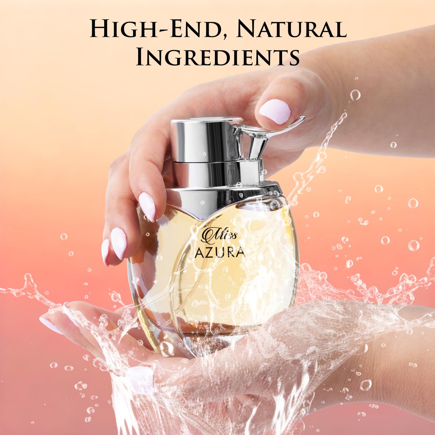 Miss Azura - Top Notes of Ginger Flower, Orange Blossom, Pink Pepper & Pomegranate - Middle Scent of Dulce de Leche & Datura - Base of Tonka Bean, Patchouli & Haitian Vetiver - Elegant 100ml Bottle
