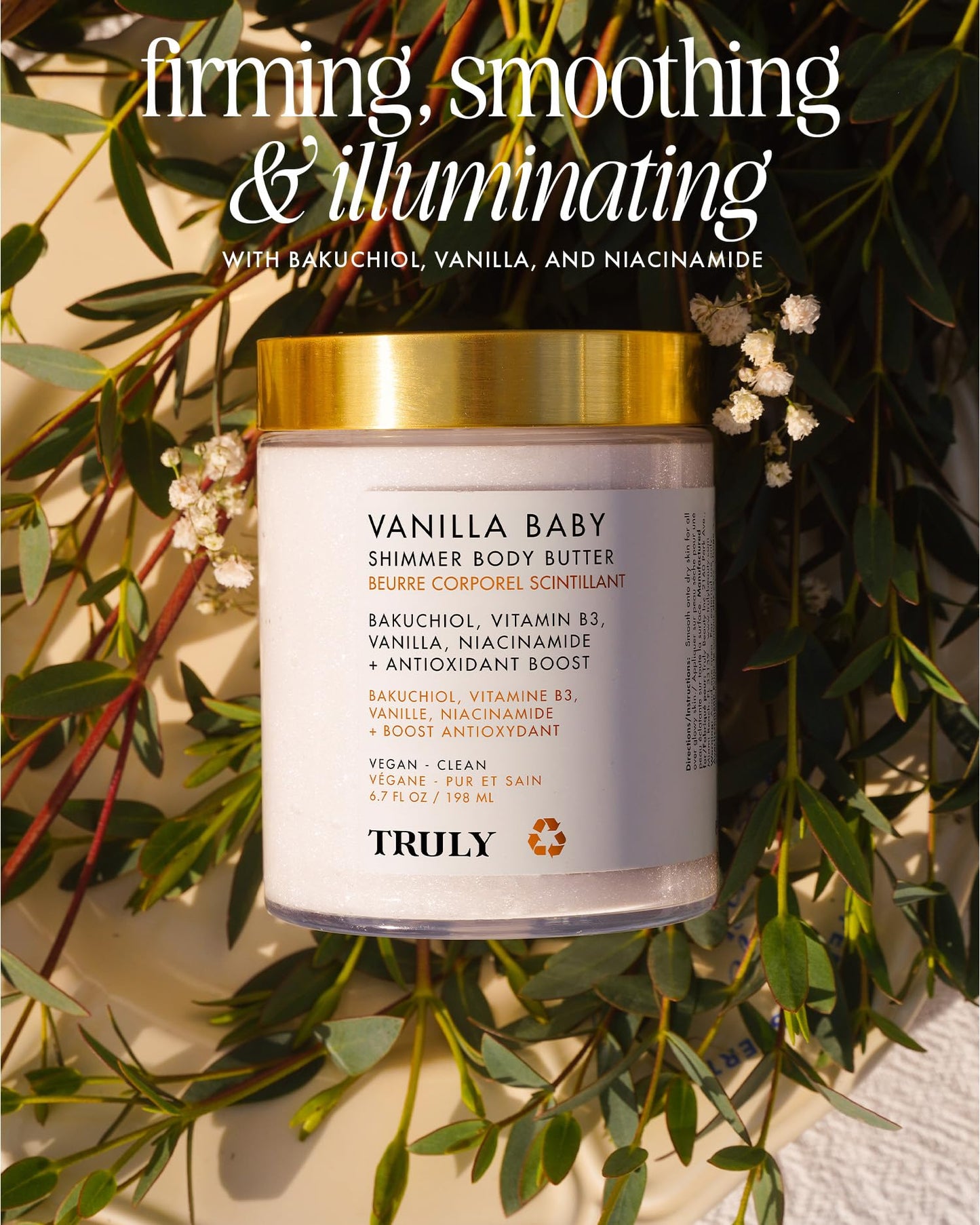 Truly Beauty Vanilla Baby Shimmer Body Butter | Smoothing & Firming Body Moisturizer with Bakuchiol & Niacinamide | Softens, Plumps & Illuminates Skin | Pearlescent Glow & Sweet Vanilla Scent