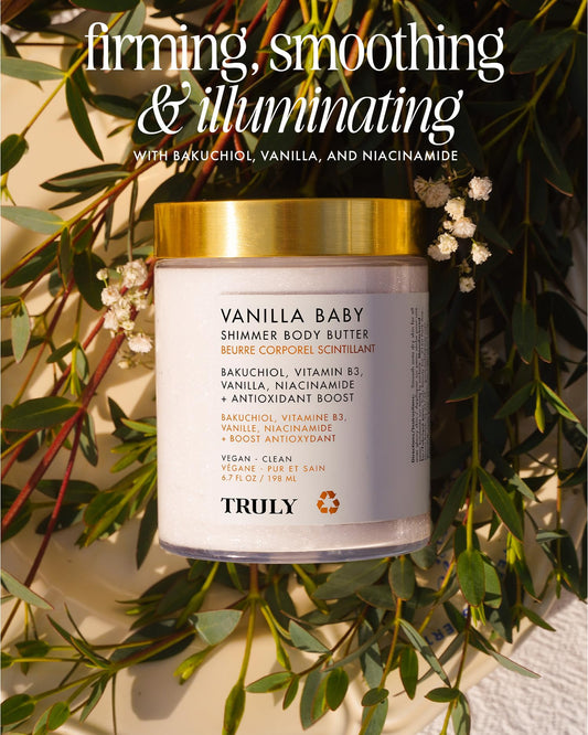 Truly Beauty Vanilla Baby Shimmer Body Butter | Smoothing & Firming Body Moisturizer with Bakuchiol & Niacinamide | Softens, Plumps & Illuminates Skin | Pearlescent Glow & Sweet Vanilla Scent