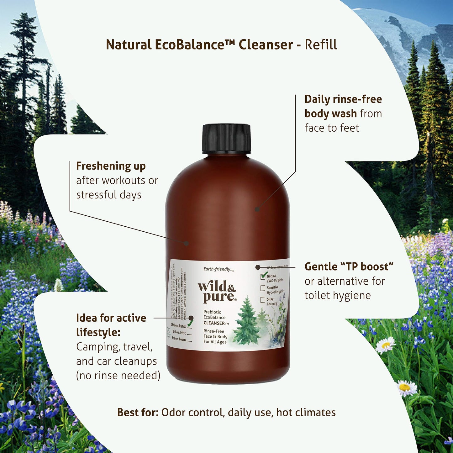 Wild & Pure EWG Verified Natural Body Wash Refill (18oz) for Foamers/Spray | Cleanser, Deodorizer, Moisturizer | Face, Hands, Body | pH-Balanced, Microbiome-Friendly, Plant-Based | Refillable Skincare