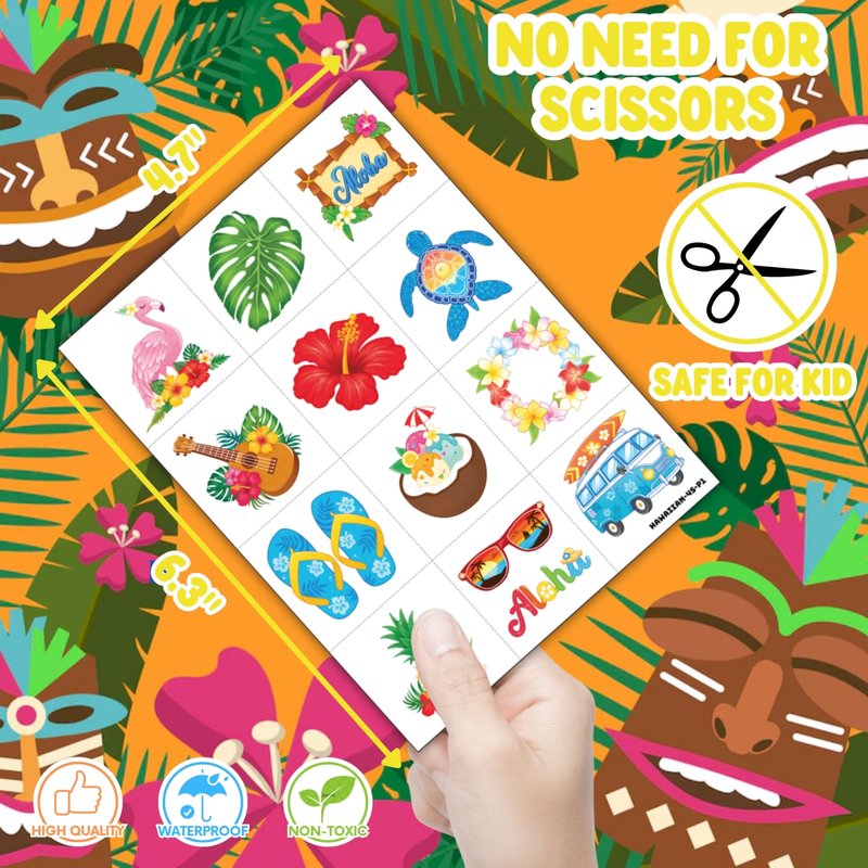 72 PCS Tropical Luau Party Favors – 48 Pre-Cut Temporary Tattoos & 24 Punch Balloons Themed Birthday Party Decorations Supplies Favors Gifts, Goodie Bag Fillers, Classroom Rewards