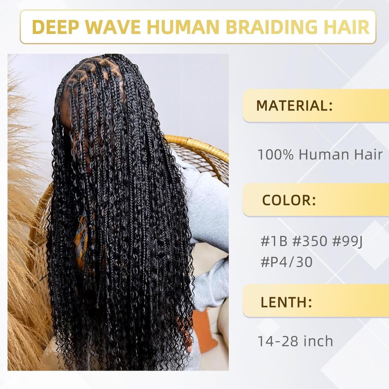 Human Braiding Hair for Boho Braids 100g 20 Inch Deep Wave Bulk Human Hair 100% Unprocessed 12A Brazilian Virgin Boho Hair for Braiding Knotless 2 Bundles/Pack Natural Color