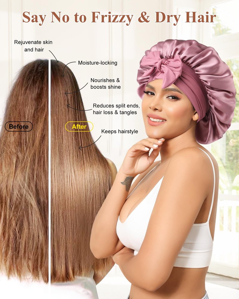 Silk Bonnet 100% Mulberry Hair Bonnet for Sleeping Women Hair Wrap with Elastic Band Sleep Night Cap(Bean Paste)
