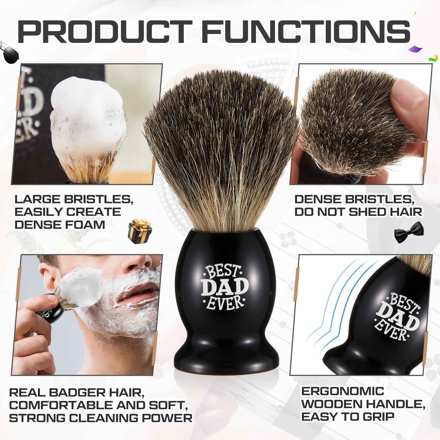 Reallnaive Best Dad Ever Gifts, Shaving Brush Kit for Father, 3 in 1 Shaving Set for Men's Birthday Gift from Daughter Son, Includes Badger Hair Shave Brush, Bowl and Stainless Steel Stand