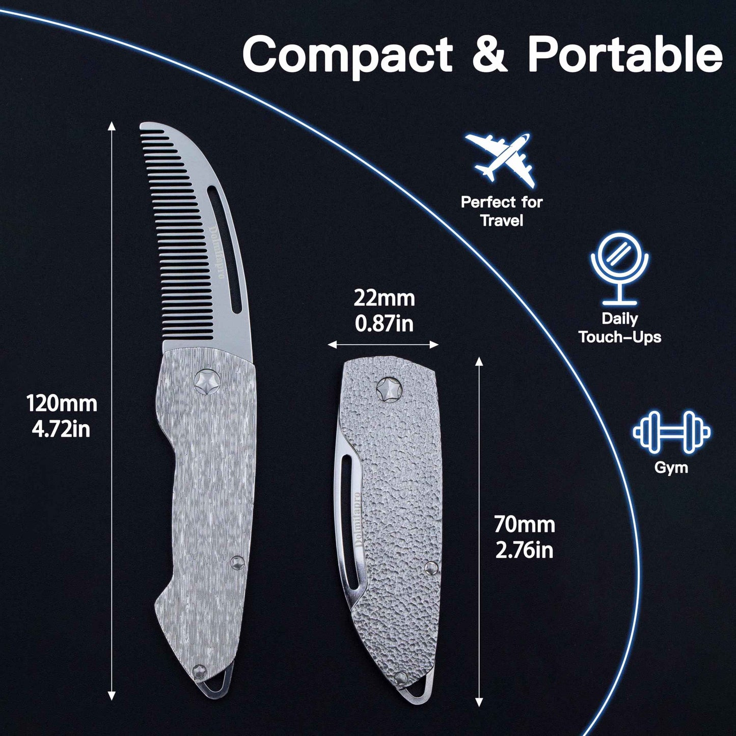 Dolmifapro 2PCs Folding Mustache Comb, Metal Beard Comb for men Pocket Mini Portable Fits In Keychain Anti-Static