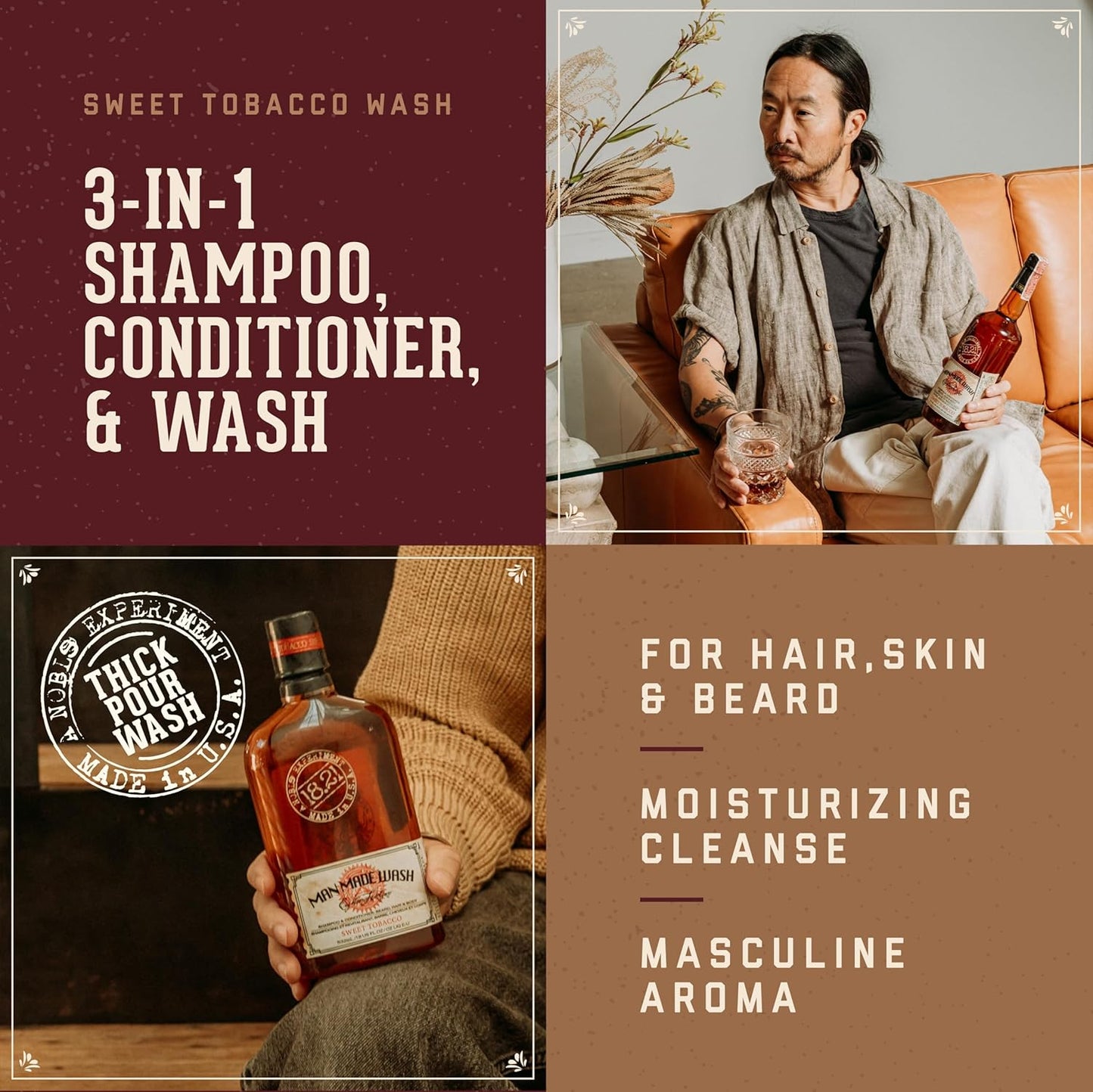 18.21 Man Made 3-in-1 Body Wash, Shampoo & Conditioner for Men - Strengthens & Moisturizes All Hair & Skin Types | 18oz