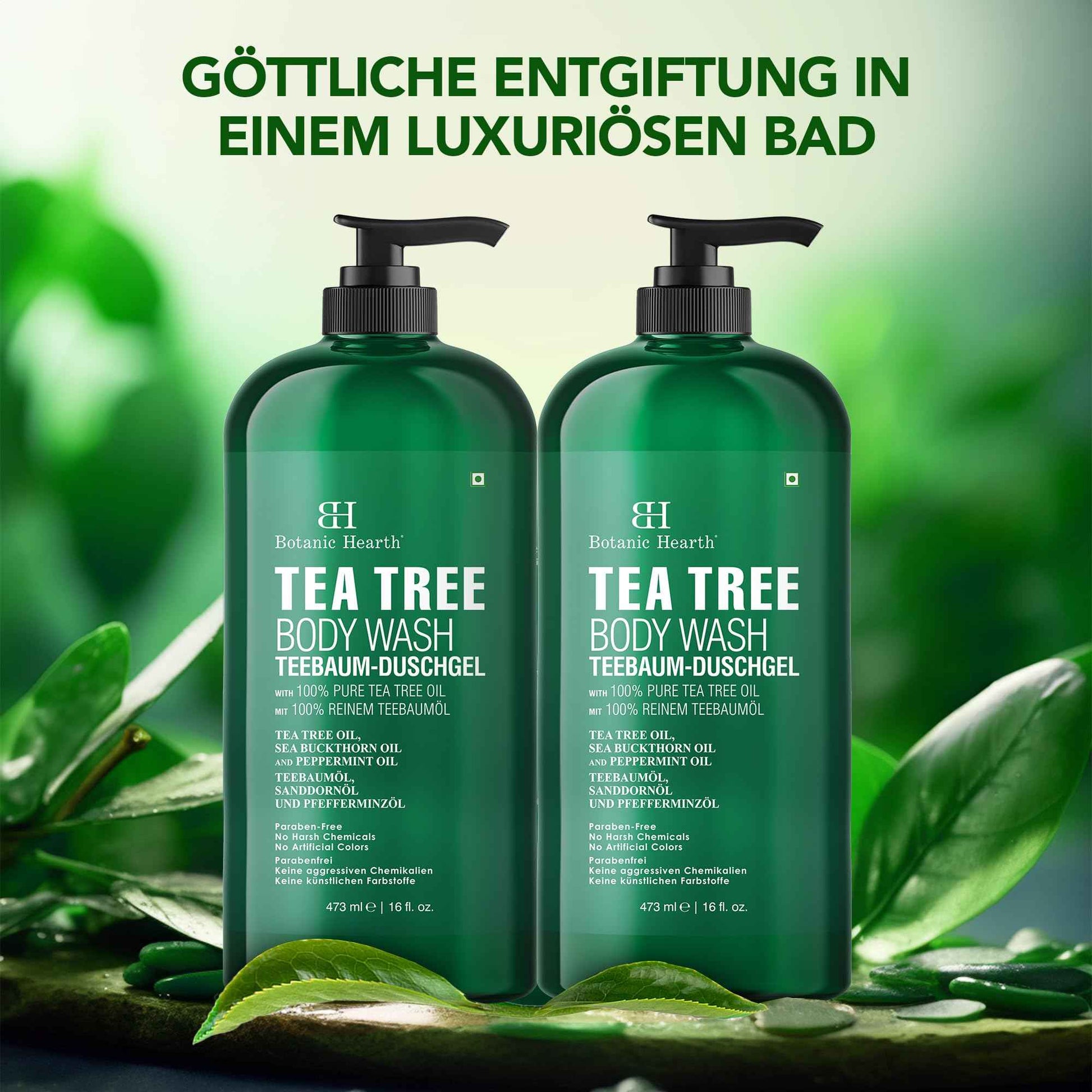 Botanic Hearth Tea Tree Body Wash (Pack of 2) for Men and Women - Moisturizing Body Wash Helps Soothe the Skin - Refreshing and Hydrating Cleanser, Sulfate Free, Paraben Free - 16.9 Fl Oz each