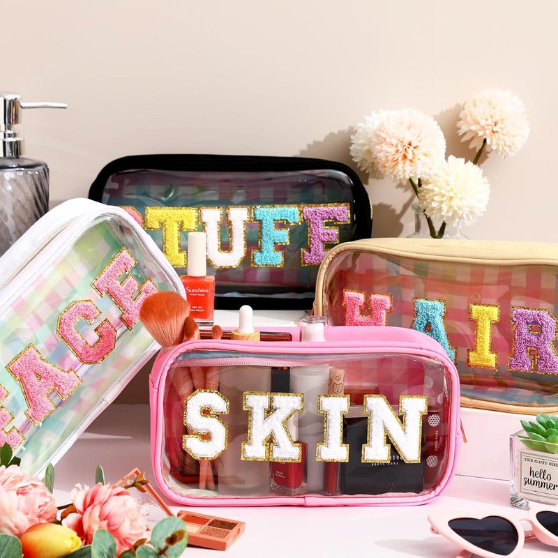 Chenille Letter Cosmetic Bag Set - Waterproof Nylon Makeup Pouches | Multi-Purpose Toiletry Organizers for Women (Classic Colors)