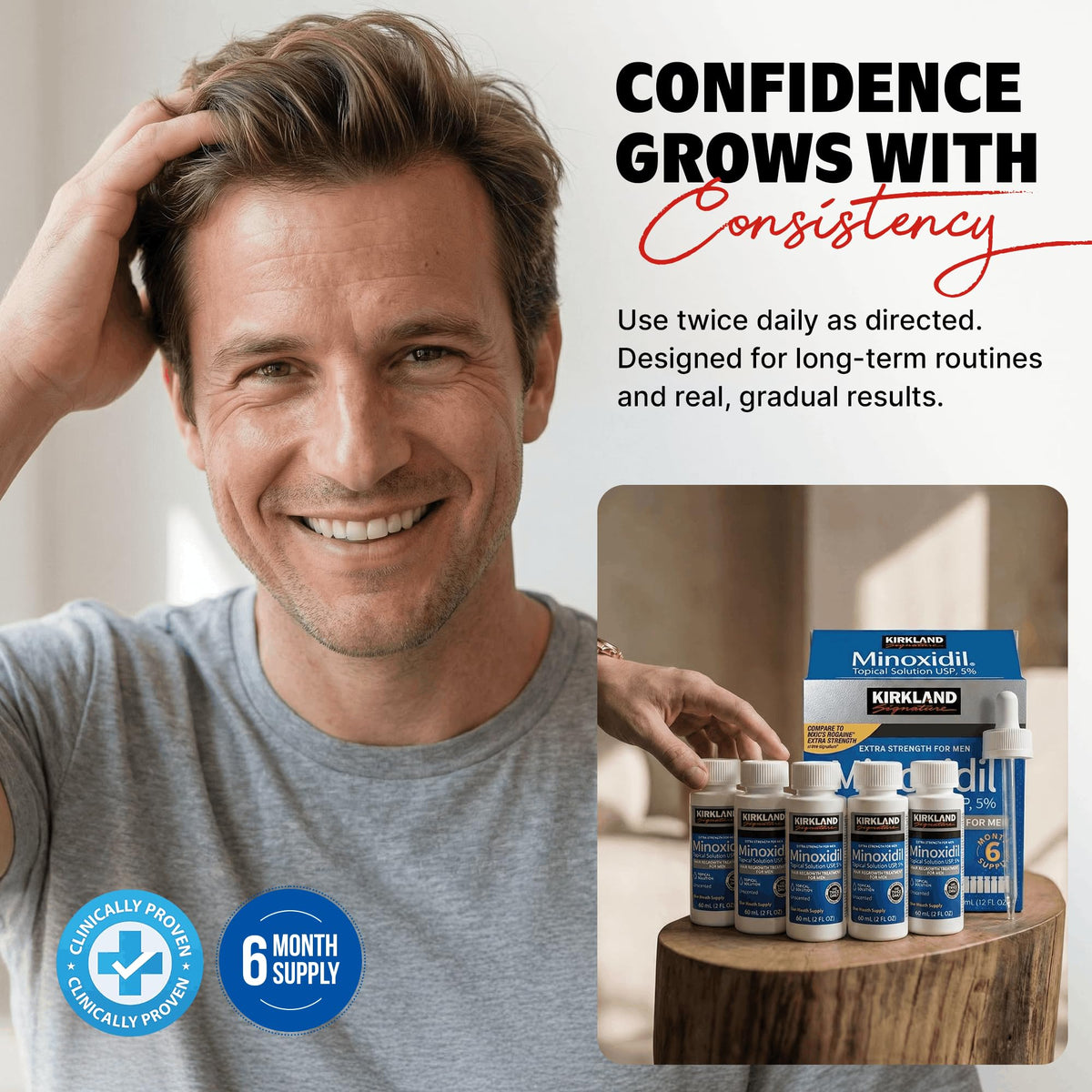 Kirkland Signature Minoxidil Topical Solution USP 5%, Extra Strength Hair Regrowth Treatment for Men, 6 Months Supply