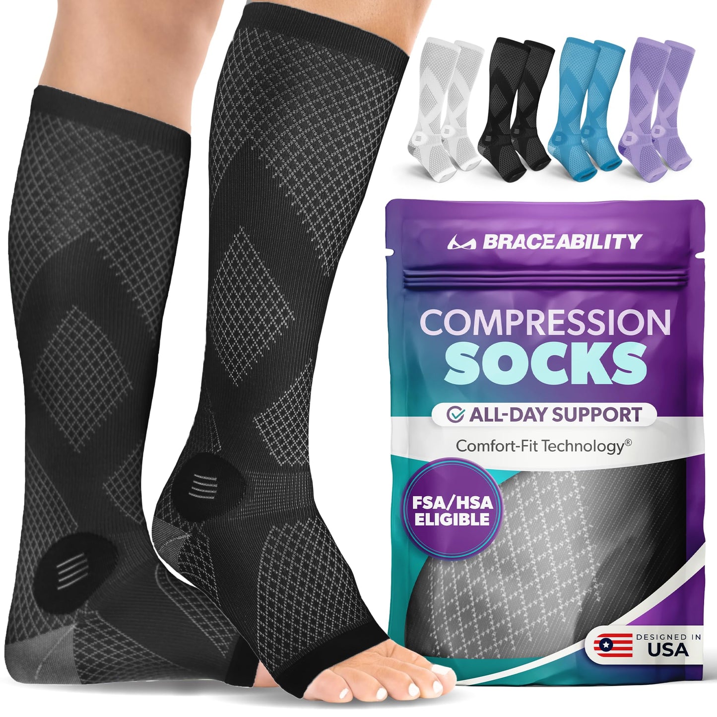 BraceAbility Compression Socks for Circulation - 20-30 mmHg Knee High Neuropathy Open Toe Stockings for Varicose Veins, Swelling, RLS, Medical Toeless Support for Men or Women - 1 Pair (M - Black)