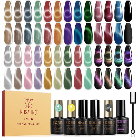 ROSALIND 30pcs Cat Eye Gel Nail Polish Set - 26 Colors Red Purple Brown Green Burgundy Magnetic Gel Nail Polish with Base Gel Glossy Matte Top Coat Magnet and Nail Primer