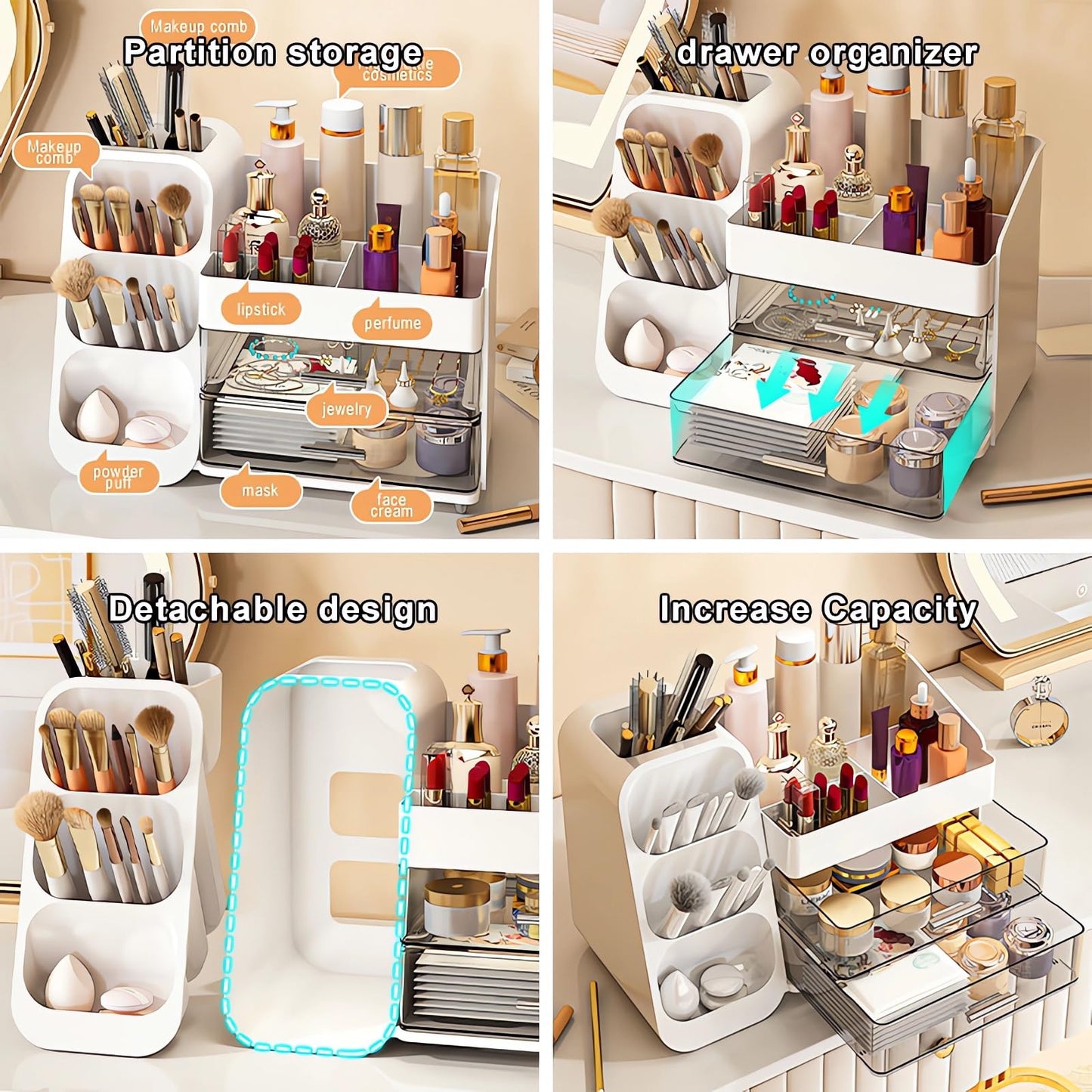 DASITON Makeup Organizer with Brush Holder for Vanity, Bathroom Countertop Organizer with 2 Drawers, Large skincare storage organizers for perfume, lipstick, Nail Polishes and Beauty Essential (White)