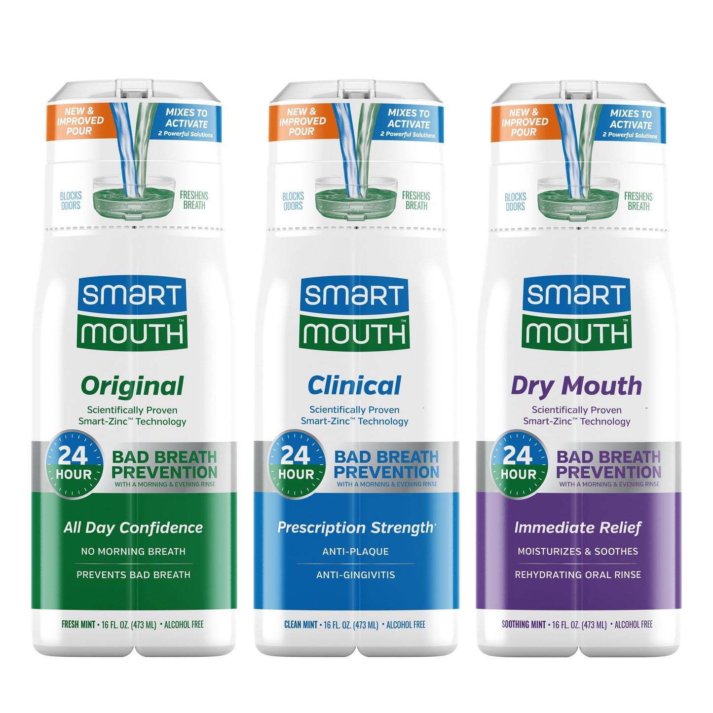 SmartMouth Original, Clinical & Dry Mouth Zinc Activated Mouthwash Bundle - Instant Fresh Breath, Healthy Gum Support & Dry Mouth Relief - Sugar, Gluten & Alcohol-Free - Mint - 16 fl oz Each