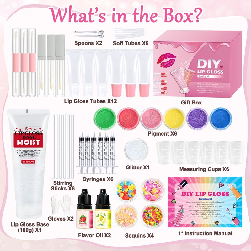 Jcoos Lip Gloss Making Kit, Make Your Own Lip Gloss Kit for Women Beginner, Girls, DIY Lipgloss Making Kits Lip Oil, Moisturizing Base, Pigments, Tubes, Women Gifts Unique, Popular Teen tuff