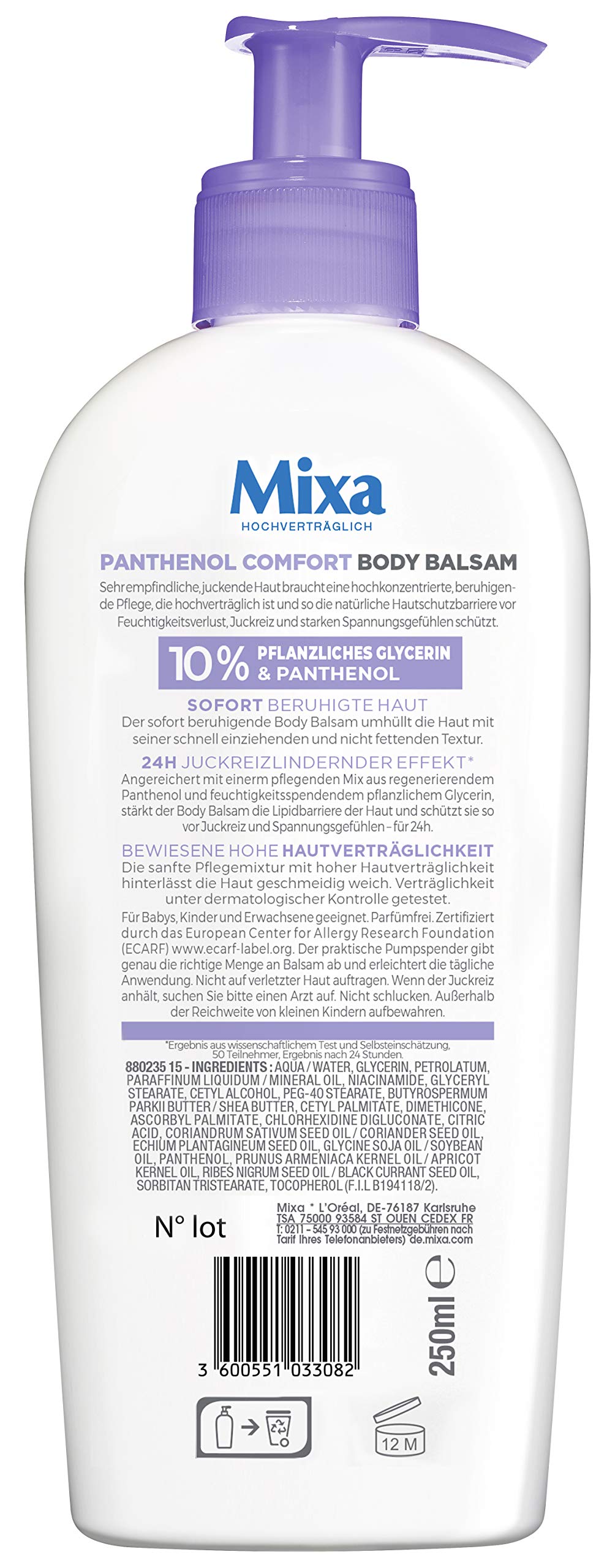 Mixa Panthenol Comfort Body Balm Itch Relief and Soothing Balm with Panthenol and Vegetable Glycerine for Sensitive Skin 250ml
