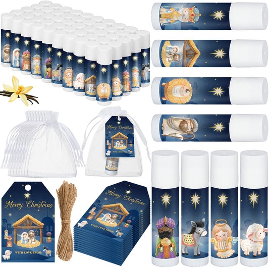 Dunzy 50 Sets Nativity Lip Balm Bulk Christian Religious Moisturizing Lip Balms Holiday Treat Gifts Favors with 50 Organza Bags 50 Tags for Women Party Supplies