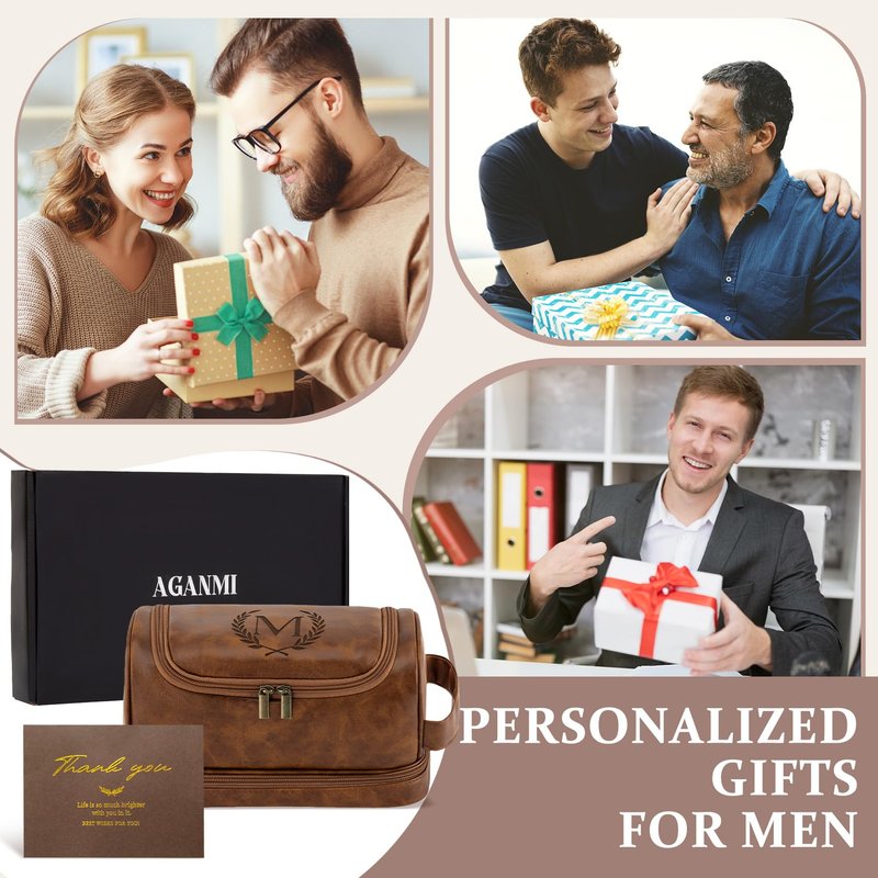 Aganmi Engraved Initial Travel Toiletry Bag 21st 30th 40th 50th 60th 70th 75th 80th Birthday Gifts for Men Him, PU Leather Shaving Bag Gift for Dad Husband Boyfriend Brother Grandpa, Light Brown D