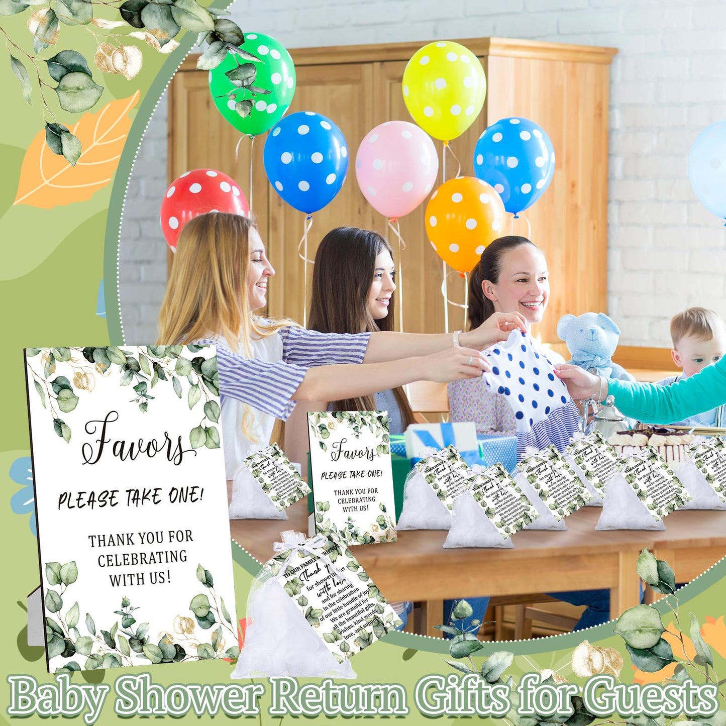 Anglechic 50 Sets Baby Shower Favors for Guests Include 50 Pcs Bath Sponge Loofahs 50 Pcs Thank You Cards 50 Pcs White Organza Bags 1 Wooden Sign for Baptism Baby Shower Gender Reveal Birthday