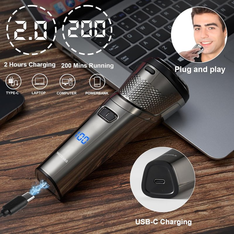 Electric Razor for Men - Waterproof Cordless Shaver with Extra Head & LED Display | Rechargeable USB-C Fast Charging