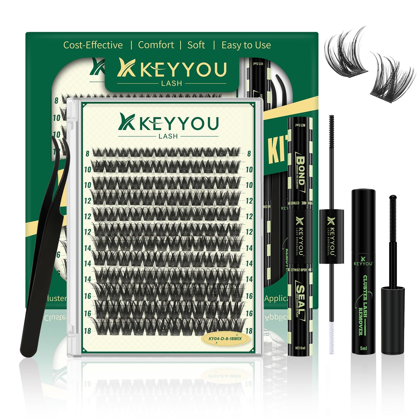 KEYYOU Lash Clusters Kit 144pcs 8-18mm Mix, DIY Eyelash Extension Kit with Bond and Seal, Eyelash Glue and Tweezers for Volume Fluffy Lashes at Home (KY04)