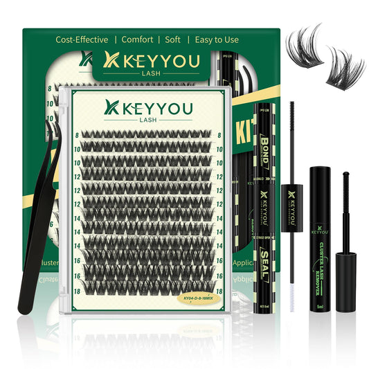 KEYYOU Lash Clusters Kit 144pcs 8-18mm Mix, DIY Eyelash Extension Kit with Bond and Seal, Eyelash Glue and Tweezers for Volume Fluffy Lashes at Home (KY04)