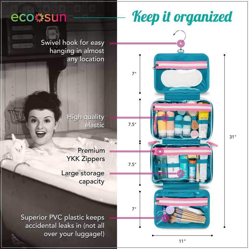 Eco Sun Hanging Travel Toiletry Bag — Designed in Hawaii — Water-Resistant Travel Organizer for Bathroom Accessories (Teal/Hot Pink)
