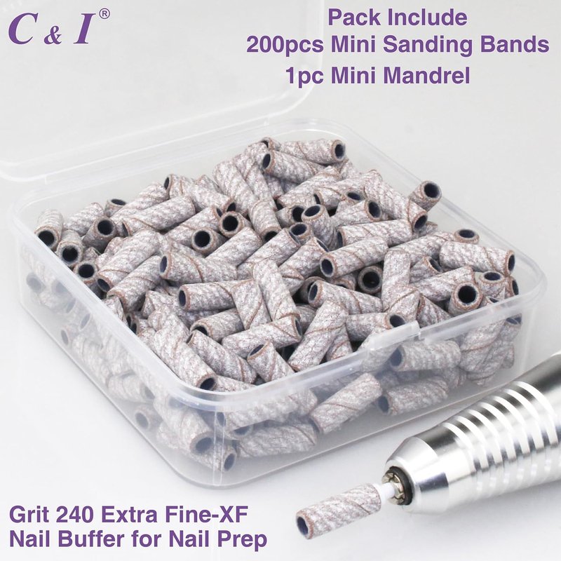 Nail Drill Bit Set - 200 Pcs Small Sanding Bands & Slim Mandrel | 240 Extra Fine White for Acrylic & Gel Nail Care