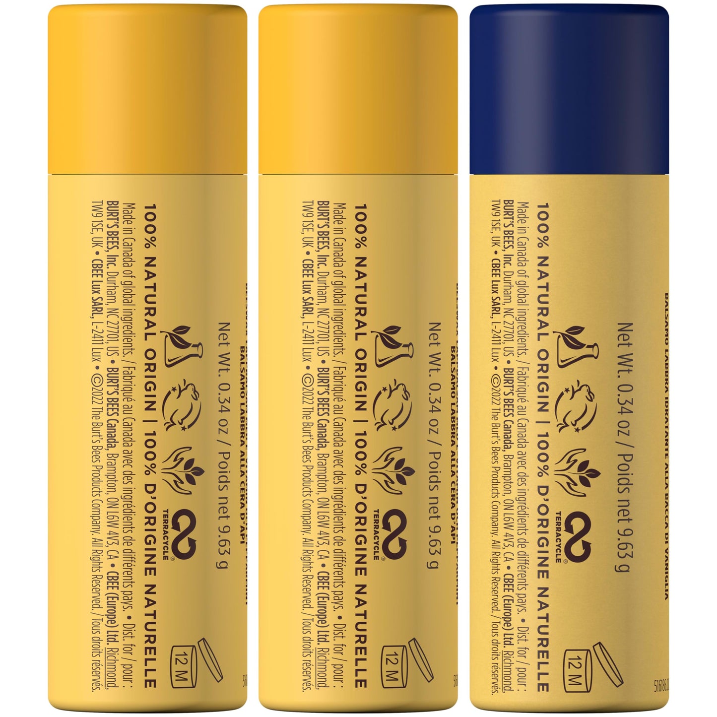 Burt's Bees Moisturizing Lip Balm, 2 Original Beeswax and 1 Vanilla Bean, 100% Natural Origin, 0.34 Ounce Each, 3 Paper Tubes, Pack May Vary