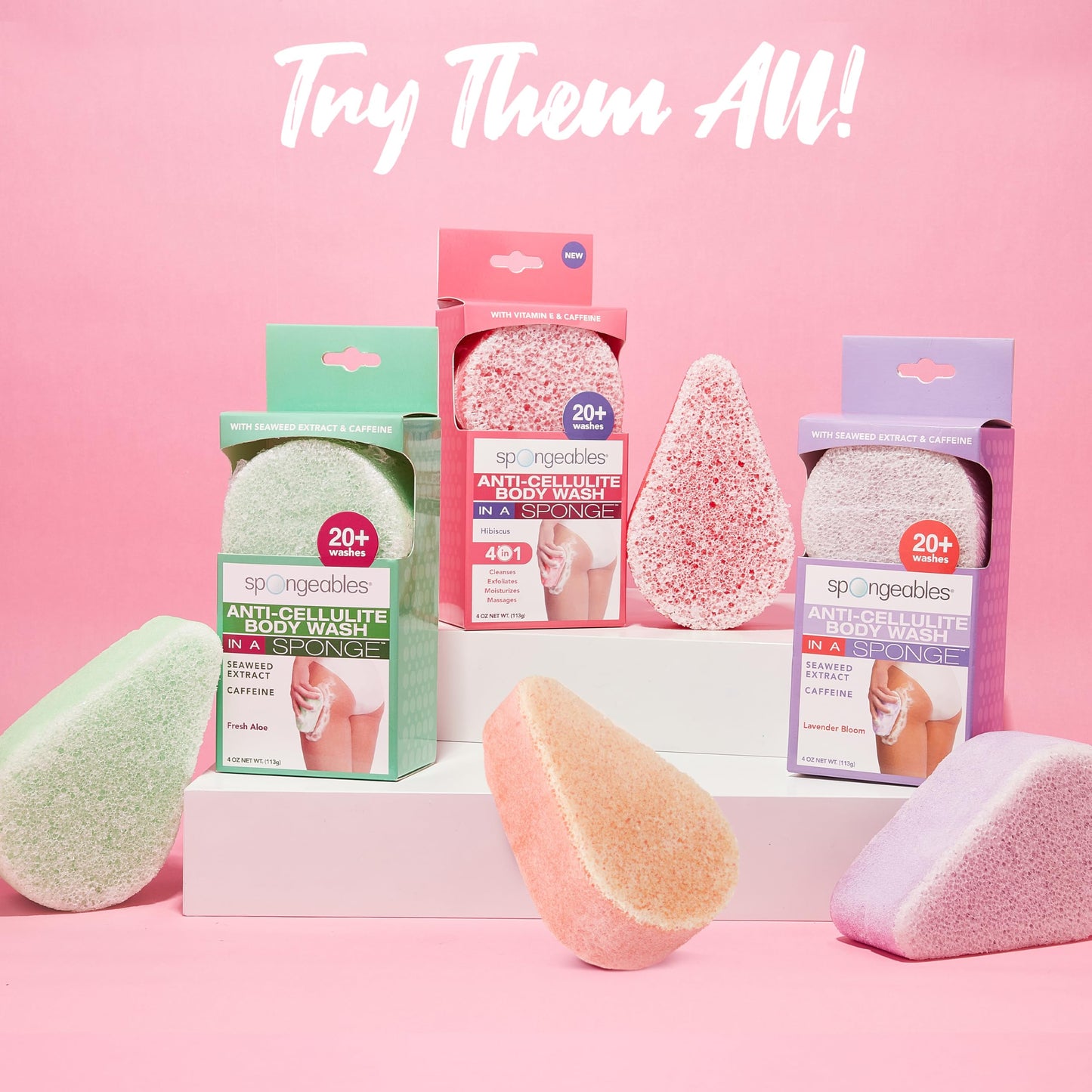 Spongeables Anti Cellulite Body Wash in a 20+ Wash Sponge, Coffee, 3 Count