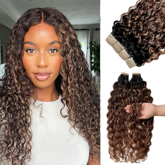 Tape in Hair Extensions Human Hair, Ombre Brown Colored Water Wave Tape in Extensions, 20pcs 50g 16 inch Remy Invisible Tape ins Curly Soft Real Human Hair for Black Women