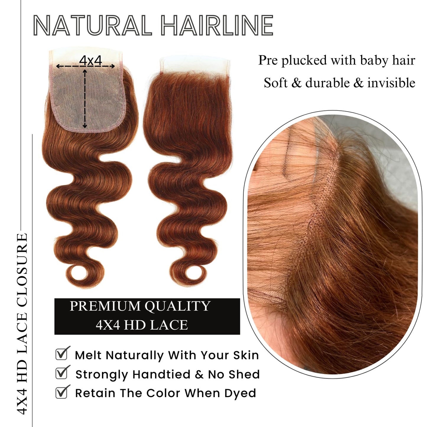 ALHER 33 Reddish Brown Body Wave 4x4 Lace Closure, 12A Copper Brown Colored 4X4 HD Lace Closure Free Part Pre Plucked with Baby Hair, 100% Virgin Remy Human Hair for Black Women 150% Density 12 Inch