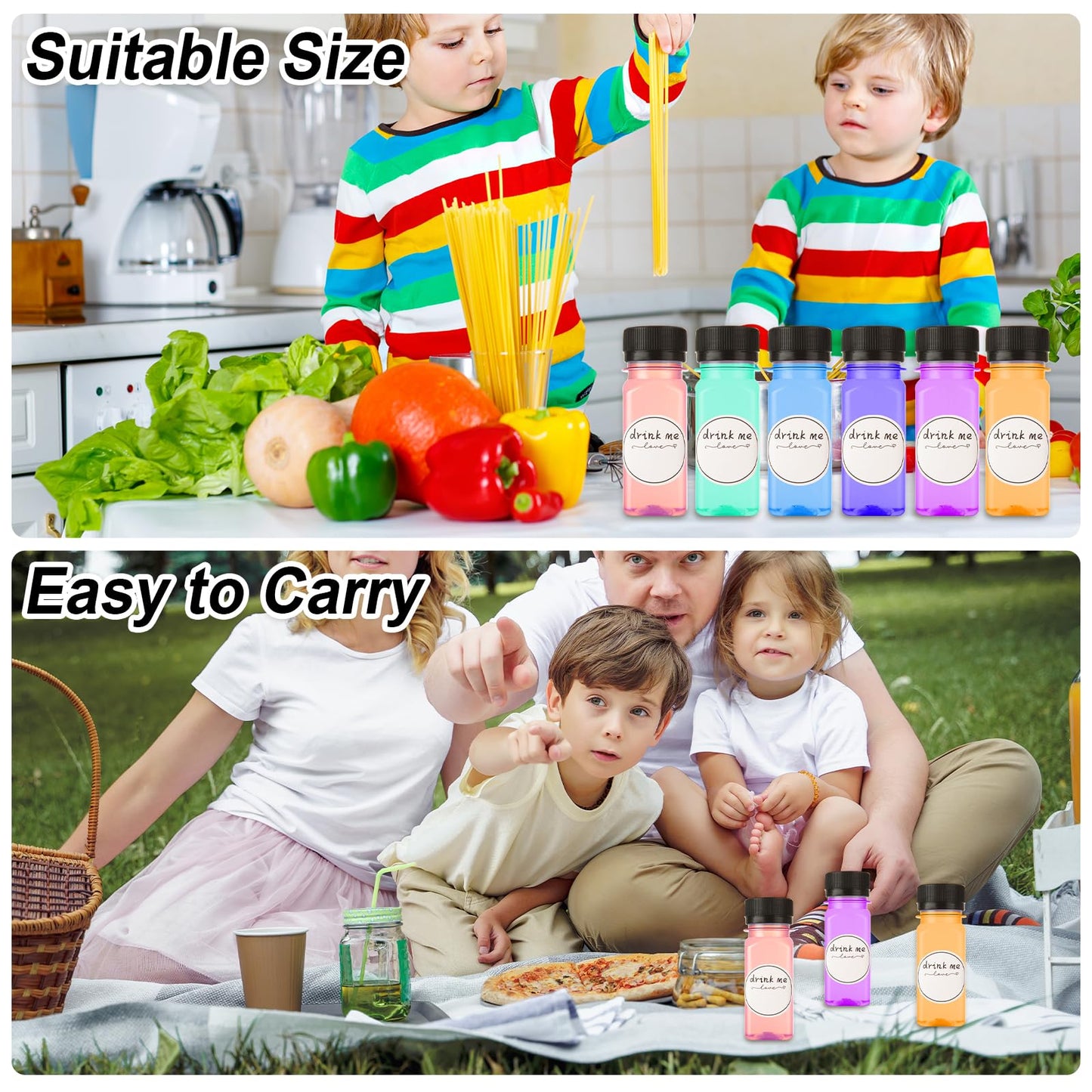 100 Pcs 2oz Plastic Bottles with Lids, Clear Plastic Bottle with Caps 2 oz for Liquids Small Reusable Ginger Shots Bottle Vial Beverage Container Leak Proof Mini Jars for Milk, Water, Ginger, Juice