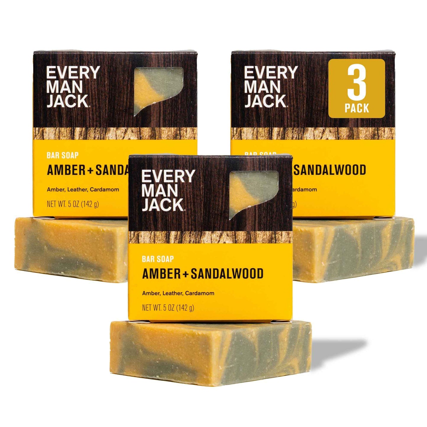 Every Man Jack Cold Processed Mens Bar Soap - Subtle Amber + Sandalwood Scent - Deeply Cleans & Hydrates w/Naturally Derived Ingredients - (3 Pack)