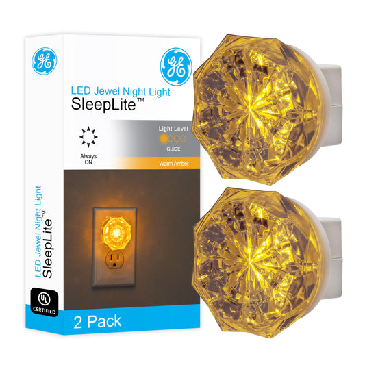 GE SleepLite Jewel LED Night Light, Plug-in, Always on, Amber, UL-Certified, Energy Efficient, Ideal Nightlight for Bedroom, Bathroom, Nursery, Hallway, Kitchen, 11286, 2 Pack