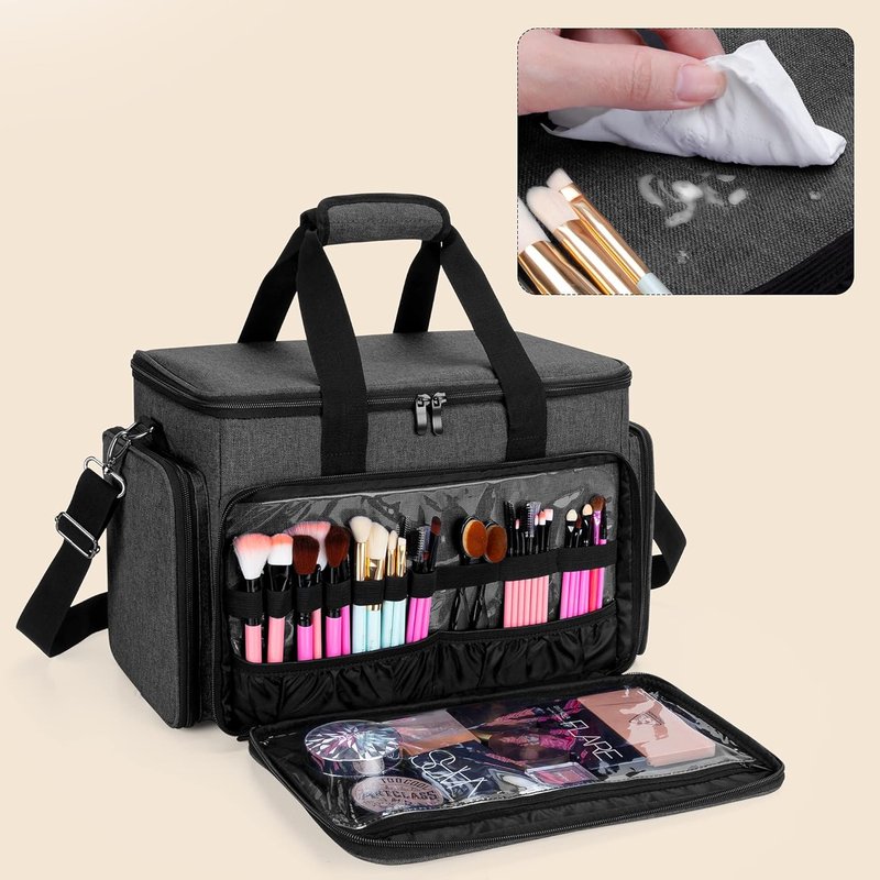 Large Cosmetic Bag - Makeup Organizer with Adjustable Dividers | Travel Case for Cosmetics & Hair Supplies - Black