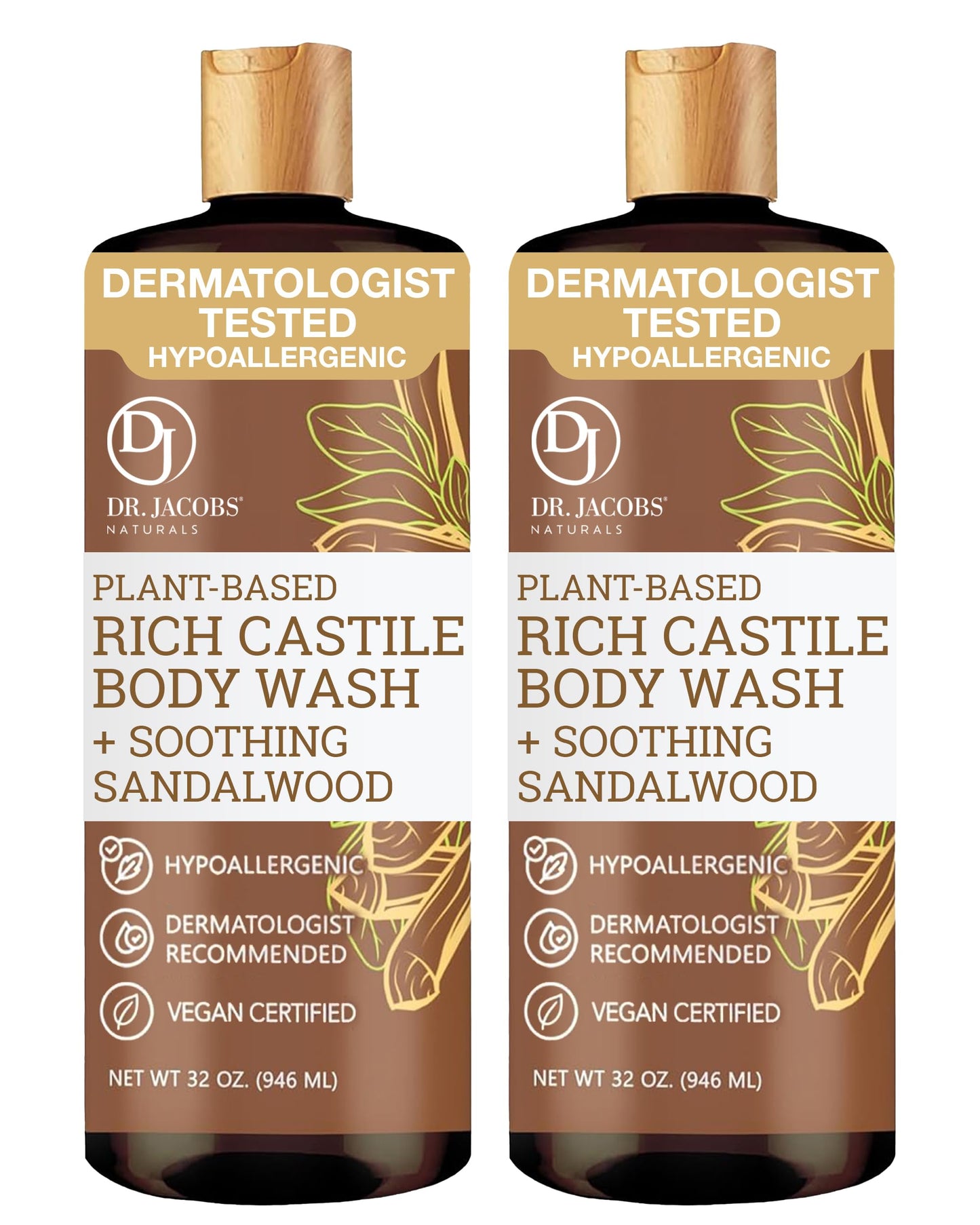 Dr. Jacobs Naturals Pure Castile Soap Liquid Body Wash, Sandalwood - Plant Based Soap Infused with Vitamin E and Aloe Vera to Moisturize Dry and Sensitive Skin - Made in the USA - 32 oz, Pack of 2