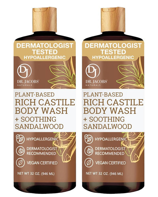 Dr. Jacobs Naturals Pure Castile Soap Liquid Body Wash, Sandalwood - Plant Based Soap Infused with Vitamin E and Aloe Vera to Moisturize Dry and Sensitive Skin - Made in the USA - 32 oz, Pack of 2