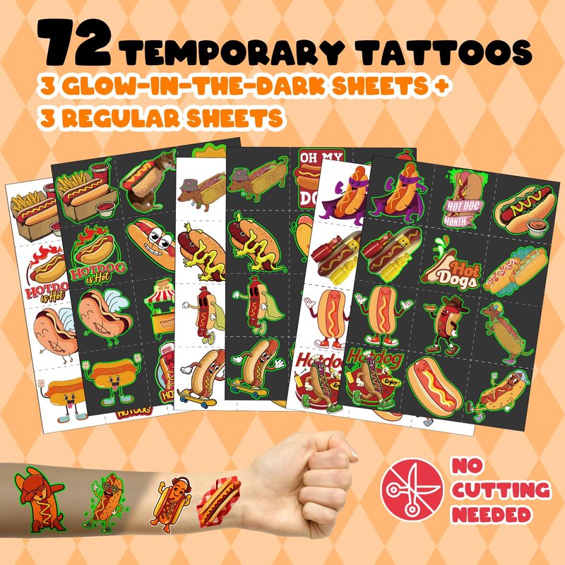 BOIKOKY 96 PCS Hot Dog Party Favors Set – 72 Pre-Cut Temporary Tattoos & 24 Slap Bracelets for Kids, Perfect for Food-Themed Birthday Parties, BBQ Celebrations & Classroom Rewards