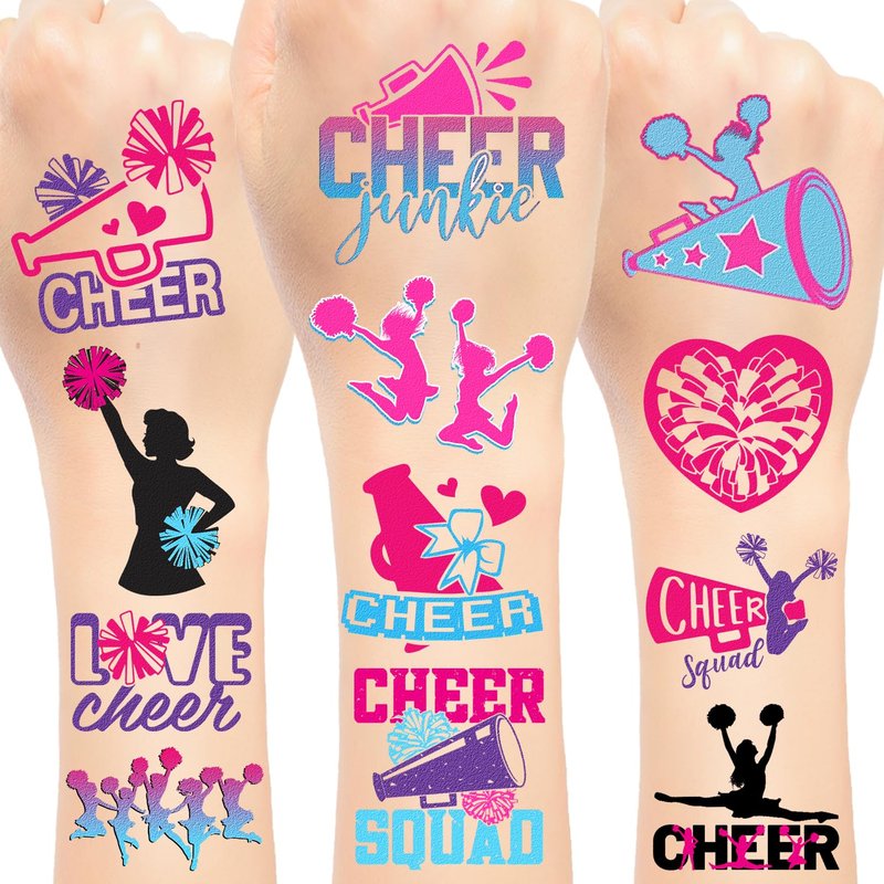 144 PCS Cheer Cheerleader Cheerleading Temporary Tattoos Stickers, Cheer Cheerleader Cheerleading Party Favors Supplies Birthday Party Decorations Sport Team Spirit Gifts, 24 Sheets