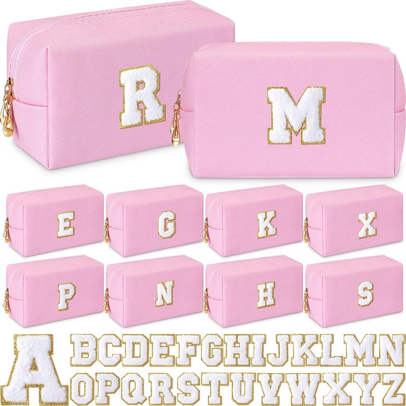 Kigeli 10 Pcs Aesthetic Makeup Bag with 26 Chenille Letters PU Leather Initial A-z Preppy Patch Bag Bachelorette Party Favors Cosmetic Pouches for Women with Zipper Bridal Shower Favors(Pink)