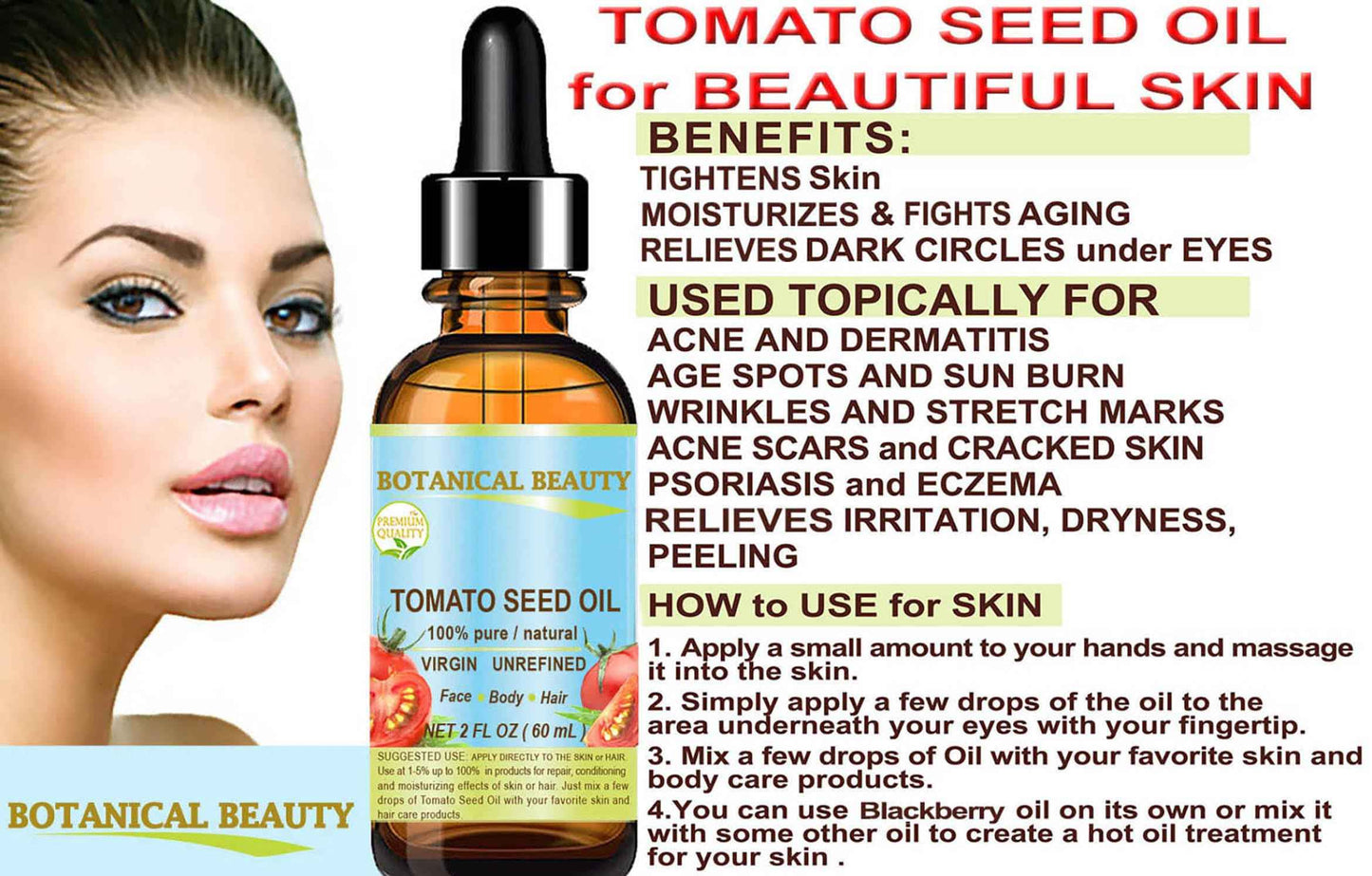 Botanical Beauty TOMATO SEED OIL 100% Pure Natural Virgin Unrefined Cold-pressed Carrier Oil for Face, Skin, Body, Hair, Lip, Nails. Rich in Vitamin E, Lycopene (1 Fl Oz)