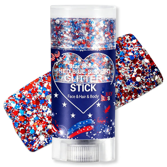 Patriotic Body Glitter Stick, Waterproof Face Glitter Gel, Chunky Glitter Face Paint, 4th of July Red White Blue Sequin Hair Glitter Makeup for American Pride USA Flag Makeup for Independence Day